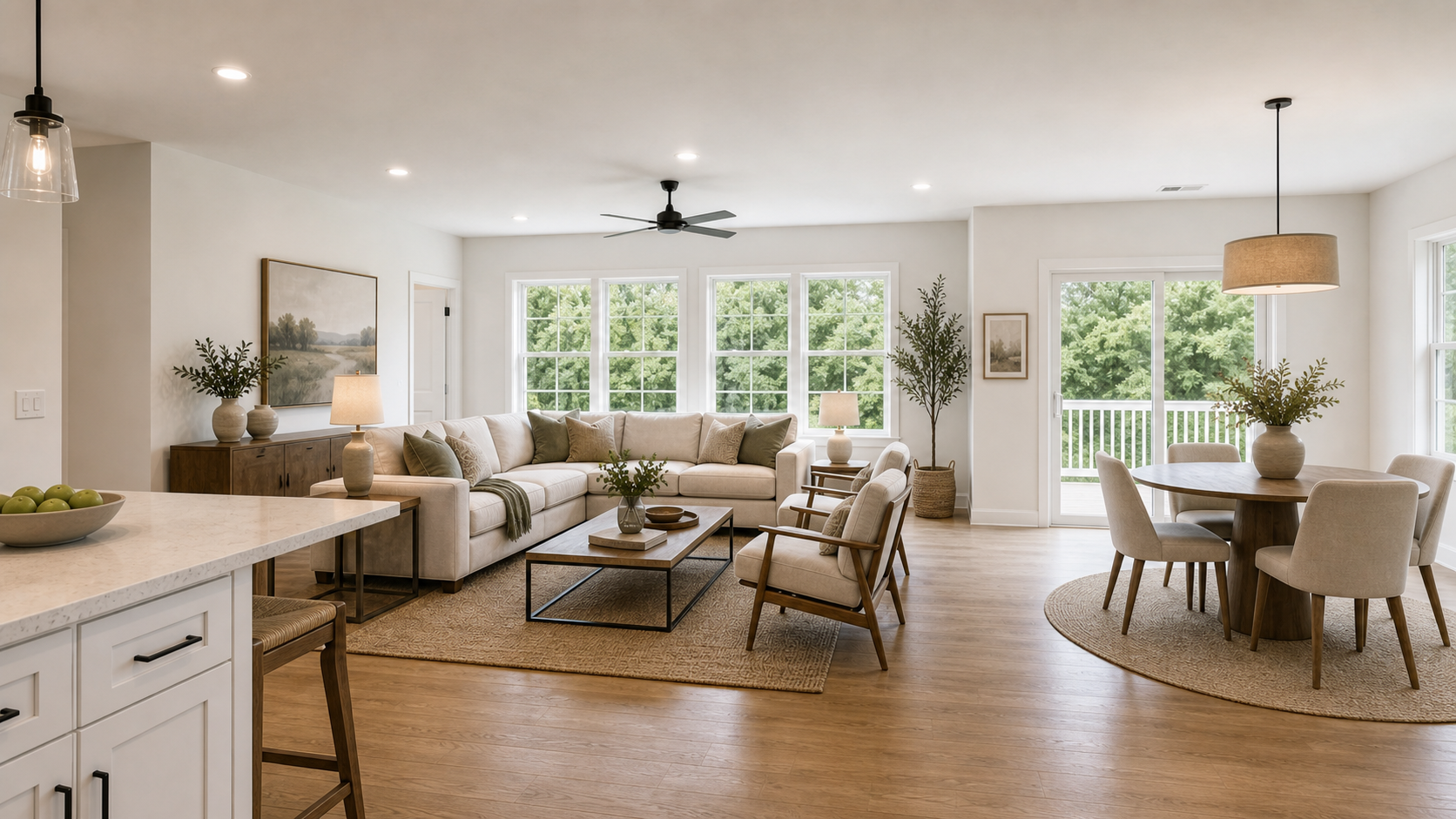 Open-concept living space after premium virtual staging